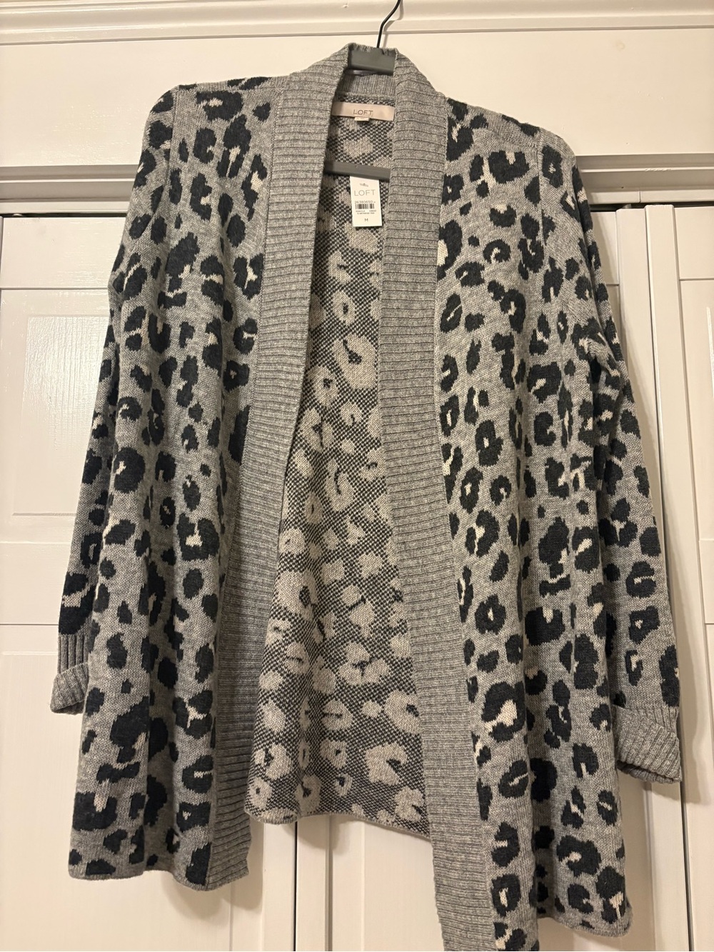 LOFT Gray Leopard-Print Open Cardigan Sweater Medium NWT